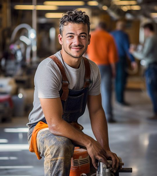 Professional wood-sanding worker gently smiling at the camera