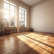 Bright empty room with much sunlight and sanded wooden floor